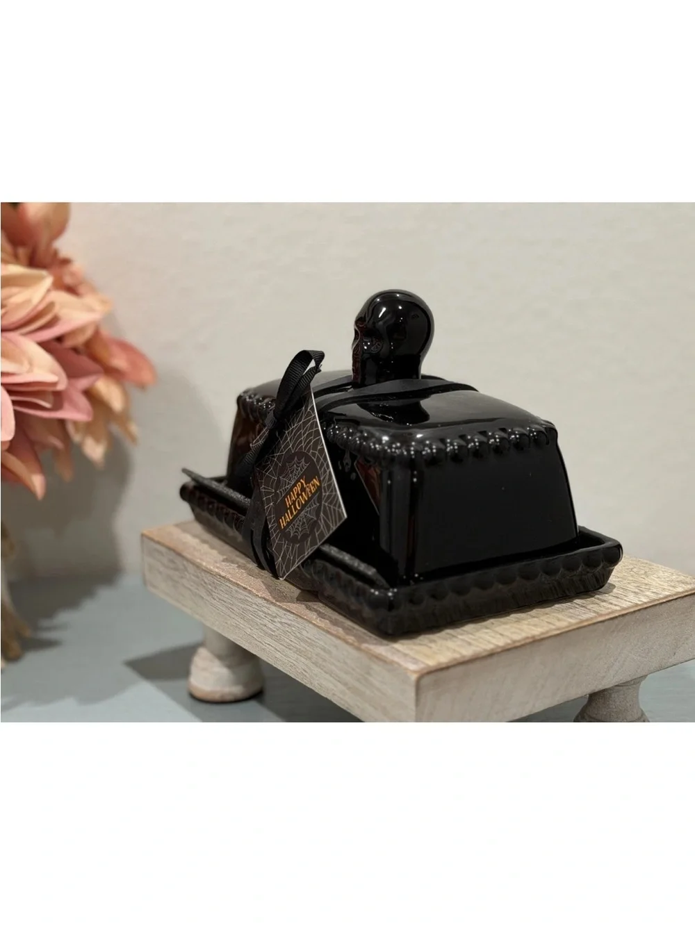 Cobwebs & Cauldron Halloween Skull Handle Covered Butter Dish, Black New